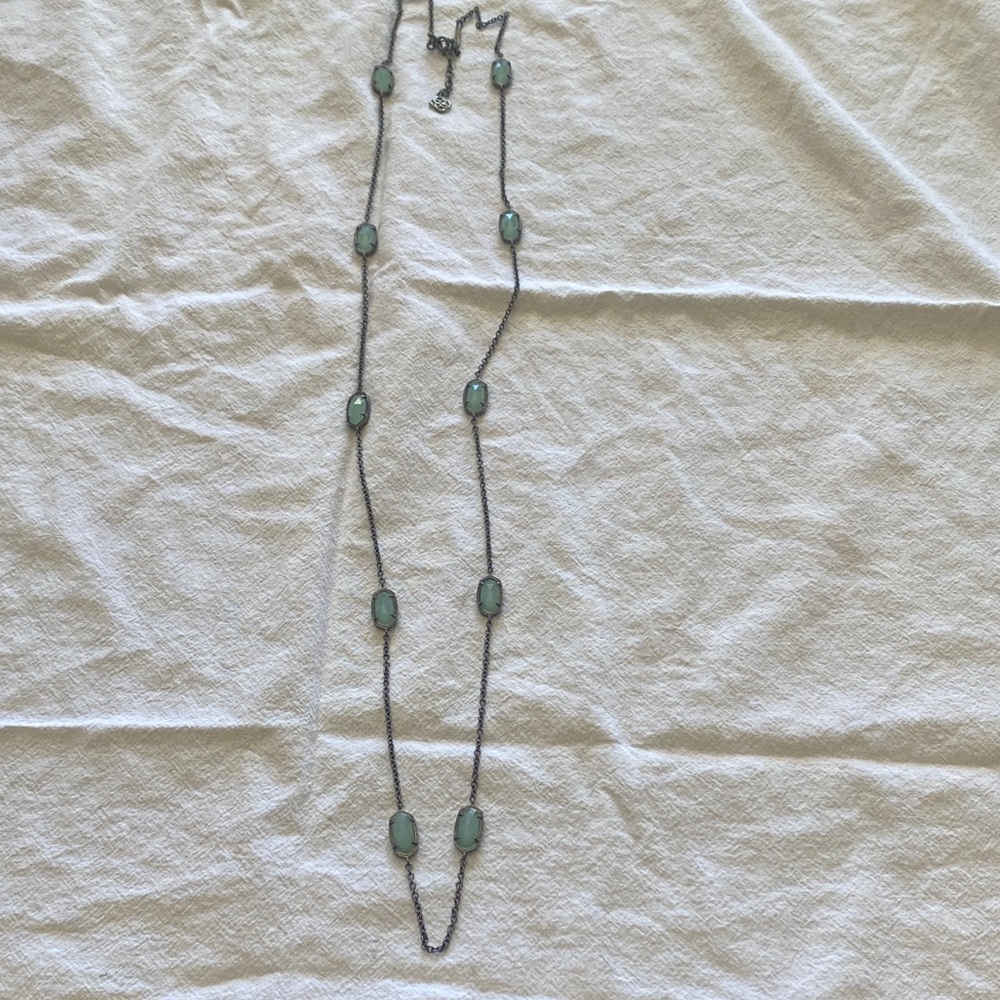 Kendra Scott Long 40”Necklace in Gunmetal with Jade Green Stones